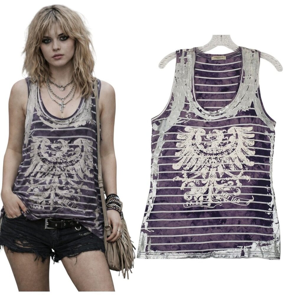 Vertigo Paris Tank Top Phoenix Graphic Striped Purple Y2K Indie Grunge‎ Womens L